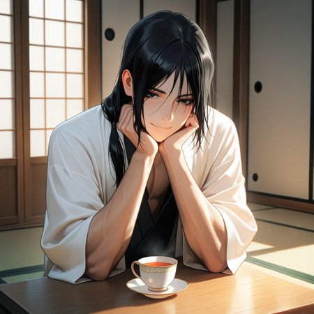masterpiece, best quality, amazing quality, absurdres, newest, detailed background, definition so sharp, Ultra-HD, 8K cinematic, very awa, impressionate, amazing quality, highres, 
solo, male focus, manly, 
kurohyatogami, kuroh_black hair, kuroh_black eyes, 1boy, low tied hair, long hair, 
thoughtful expression, slight smile, tea cup, traditional tatami room, sunlight through shoji, calm, wise, caring, cool, inviting atmosphere, warm, against table