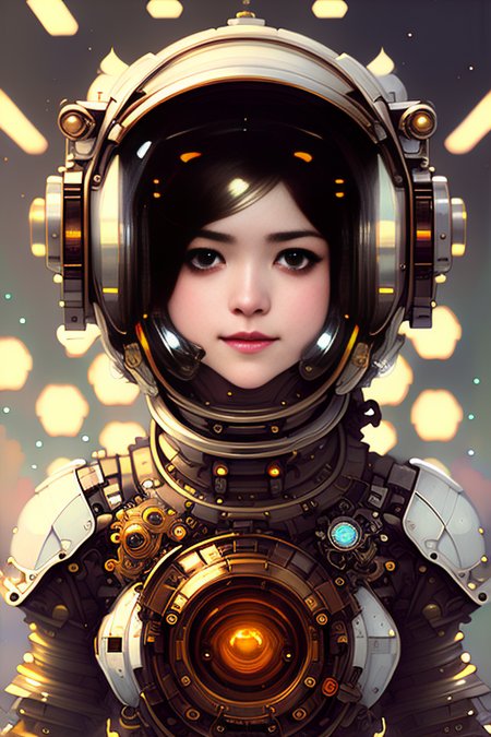 a painting of a beautiful woman  wearing an Astronaut helmet , scifi ,   on a space station . Highly detailed, intricate, detailed pupils, art by onche_ondulay