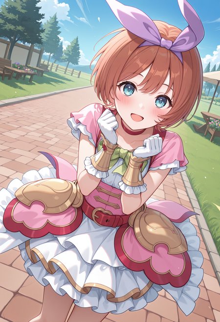 highres, best quality, masterpiece, backyard, 
1girl, solo, pcrkrmi, short hair, brown hair, hairband, hair ribbon, blue eyes,
pkrmdef, purple ribbon, short sleeves, pink dress, white shirt, green bowtie, red choker, red belt, hip armor, white gloves, white skirt, layered skirt, overskirt,
looking at viewer, blush, open mouth, smile,
standing, clenched hands,  dynamic pose, blue sky,
hands up, own hands together,
<lora:_kurumi_pcr-elesico-ilxl:1>