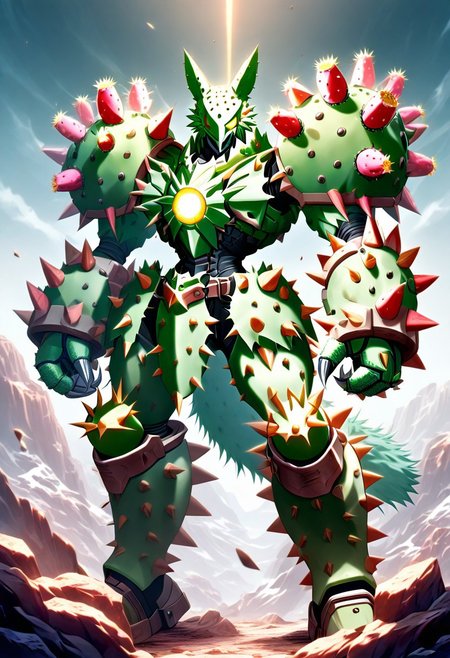 score_9, score_8_up, score_7_up, cs-l3ath3r, NCRender, 
Hidegarurumon is a fierce, wolf-like Digimon covered in rugged, dark brown Prickly Cactus armor. Its fur is sparse and resembles a patchwork of aged, Prickly Cactus  pieces that provide both flexibility and durability. The armor on its body is reinforced with Prickly Cactus  straps and buckles, designed to offer both protection and mobility. Its glowing yellow eyes shine through a mask-like Prickly Cactus  faceplate, and sharp Prickly Cactus claws extend from its paws, capable of tearing through most materials. A large, jagged Prickly Cactus tail swishes behind it, hardened to serve as both a weapon and a tool for balance in combat. NCRender