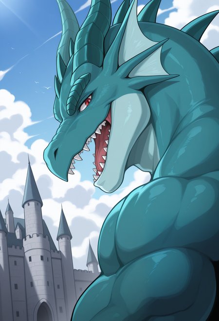 masterpiece,best quality,amazing quality, 1boy, solo, t1m43us, dragon, bara, muscular male, open mouth, looking at viewer, close up, side angle, castle,