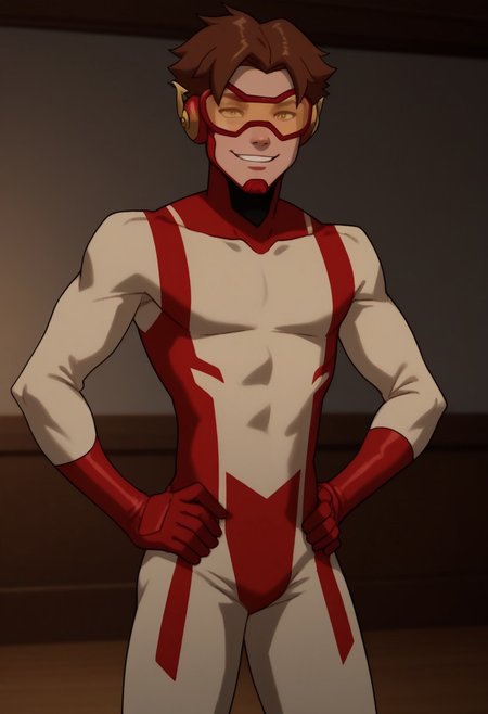 score_9, score_8_up, score_7_up, highly detailed, cute boy, 1boy, solo, Impulseyj, red framed goggles yellow lenz, red and white bodysuit, brown hair, smug smile, hands on hips