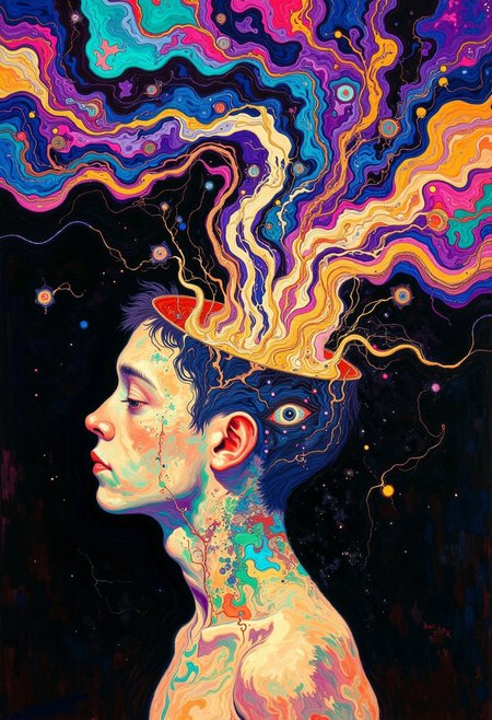 A surreal side-profile of a human head with the top of their skull open, revealing a cascade of thoughts escaping into the air. These thoughts take the form of vibrant, swirling, hallucinatory smoke, twisting and expanding upwards into a mesmerizing, colorful cloud. The smoke is an explosion of neon blues, purples, pinks, oranges, and greens, blending seamlessly like a psychedelic dream. Abstract shapes, eyes, and fleeting visions appear within the smoke, symbolizing imagination and consciousness. The background is dark, making the luminous colors stand out, creating a hypnotic, otherworldly glow. The face itself is calm and serene, lost in deep thought. The image exudes creativity, mystery, and the boundless nature of the mind.