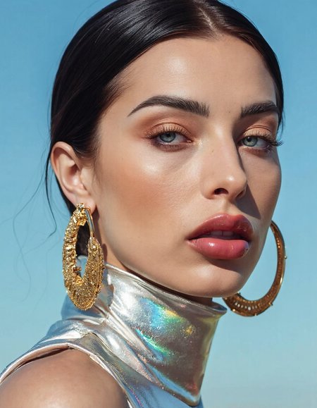 A hyper-detailed, avant-garde photograph featuring a striking woman with pale light skin against a clear, light blue sky. Her full-face close-up highlights the smooth texture of her flawless complexion. Shimmering metallic eyeshadow enhances the depth of her piercing gaze, while her glossy, deep red lips create a bold contrast to her skin. Large, intricately detailed golden hoop earrings reflect light, contributing to her modern allure. She wears metallic urban Buddhist monk clothing, with a turtle neck that enhances her avant-garde look. The reflective surfaces of her earrings and outfit create a dynamic interplay with the environment, emphasizing her sleek presence. The minimalist background allows the viewer to focus on her eye-catching fashion and makeup. Captured with a Sony A7R IV camera and a 50mm f/1.2 G Master lens for a beauty editorial shoot, this composition highlights her fashion-forward aesthetic. Inspired by avant-garde fashion photography from Sølve Sundsbø, this image blends contemporary fashion and minimalist elegance, embodying mythp0rt and niji_flux styles for a sleek, high-fashion vision. ((glow_skin, iridescent skin, oily skin, portrait)).