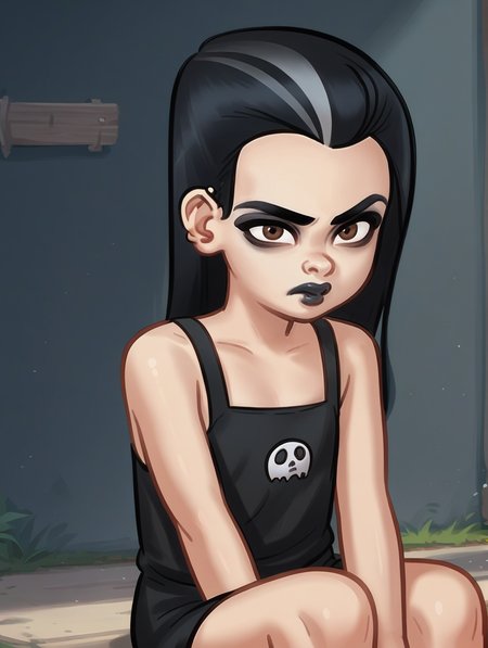 score_9,score_8_up,score_7_up,score_6_up,score_5_up,score_4_up,
1girl. solo, stsodette, female child, young, brown eyes, black hair, makeup, eyeshadow, dark lips, annoyed face, bored, black tube top, looking at viewer,
 <lora:age_slider_v4:-4>
 <lora:1StS_PonyXL_Detail_Slider_v1.4_iteration_3:1>
 <lora:stsOdette-10e:1>