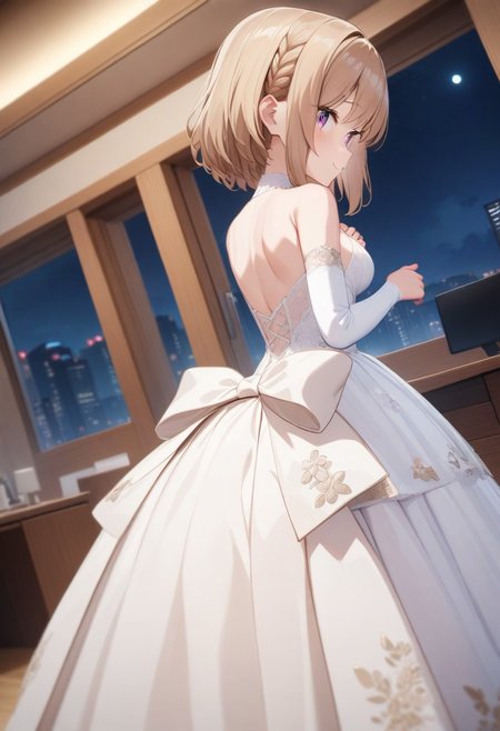 masterpiece,best quality,very aesthetic,absurdres,intricate details,1girl,<lora:shiina_v4_5:1>,shiina,<lora:Fixhands_anime_bdsqlsz_V1:1>,(night:1.2),full_shot,looking_at_viewer,medium_shot,cinematic_angle,light_blush,office,hand_on_own_chest,embarrass,from_back,, masterpiece,best quality, very aesthetic, absurdres, ultra detailed, high resolution, 4k, extremely detailed CG,wedding dress,smiling