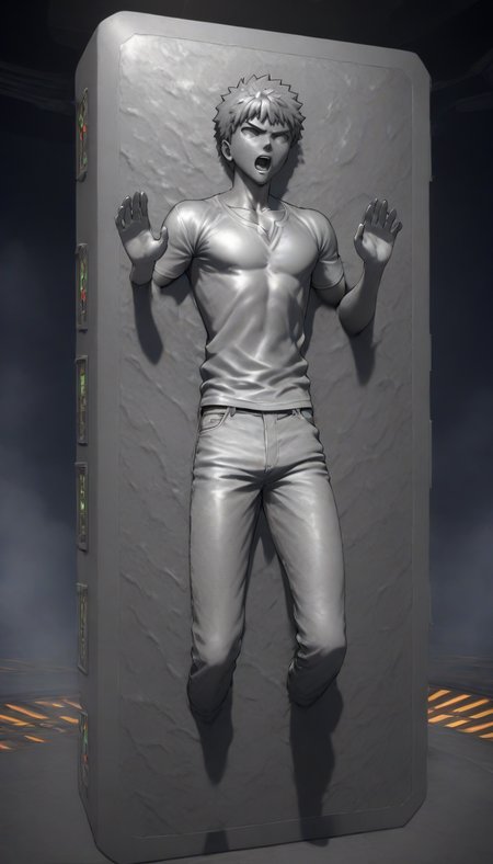 <lora:Carbonite_V1-1:1>,carbon freeze,solo,open mouth,short hair,1boy,male focus,pants,glowing,emiya shirou,shirt,machine rough,character smooth,(arms stuck:1.1),feet stuck,calves stuck,solid eyes,controller,carbon freeze chamber,masterpiece,high score,great score,absurdres,full body,manly,restrained,petrification,cgi,hands up,