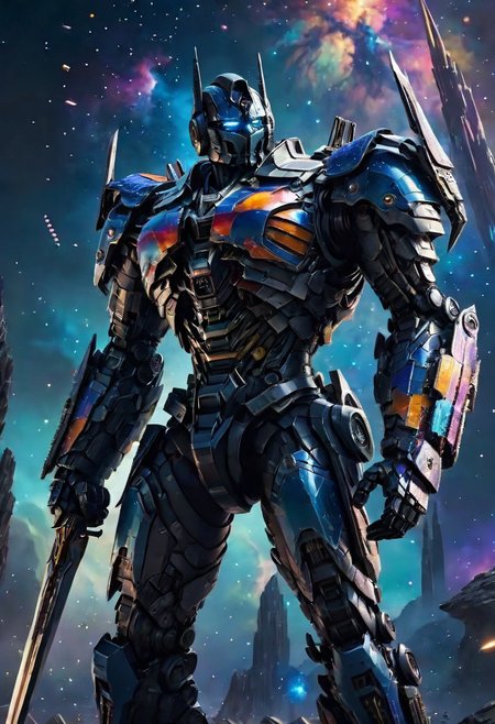 , Ultra detailed microscopic  level image of a black colourful cosmic structure , intricate, entropy, gravitational pull, space dust, (( dist)), visually delightful, ((deep bokeh)), dreamy, cosmic abstract background,weapon, solo, sword, mecha, robot, no humans, holding, 1boy, holding weapon, standing, blue eyes, holding sword, armor, science fiction<lora:Optimus Prime_SDXL-000008:0.6>