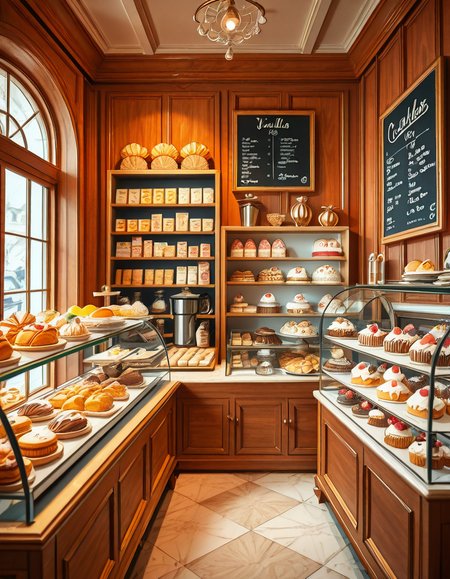 A beautifully designed, elegant pastry shop with a luxurious European-inspired aesthetic. The interior features intricate moldings, high ceilings, and large arched windows that allow natural daylight to stream in, casting a soft glow over the polished marble floors. The walls are adorned with pastel-colored wallpaper, delicate gold accents, and vintage-style framed paintings of pastries and tea sets.
The centerpiece of the shop is a long glass display case filled with an exquisite assortment of pastries, including colorful macarons, delicate éclairs, fruit tarts with glistening glaze, and elegantly decorated cakes with intricate sugar flowers. Behind the counter, shelves lined with neatly arranged boxes of artisanal chocolates, fine teas, and jars of homemade jam add to the refined atmosphere. Crystal chandeliers hang from the ceiling, casting a warm golden light that reflects off the glass surfaces.
Small round tables with marble tops and wrought iron chairs are arranged neatly throughout the space, each set with fine porcelain teacups and decorative napkins. A large antique-style clock hangs on the wall above a wooden shelving unit filled with fresh baguettes and croissants resting in woven baskets. The air is filled with the inviting scent of fresh-baked pastries, vanilla, and rich espresso.
In the background, a grand espresso machine with polished brass fittings sits atop a marble counter, next to a beautifully arranged tiered cake stand displaying freshly made confections. A large, arched doorway with a carved wooden frame leads to a cozy back room with additional seating and a vintage-style menu board showcasing the shop's specialties written in elegant calligraphy. The entire setting evokes a sense of refinement, charm, and indulgence, with a warm and welcoming ambiance.
<lora:SDXLFaeTastic2400:0.4> <lora:extremely_detailed:0.4> extremely detailed, <lora:elegant_p4stry_sh0p_illus:1>,elegant p4stry sh0p, Masterpiece,best quality,hi res,8k,hi res,8k,award winning,(sharp focus, intricate, highly detailed),