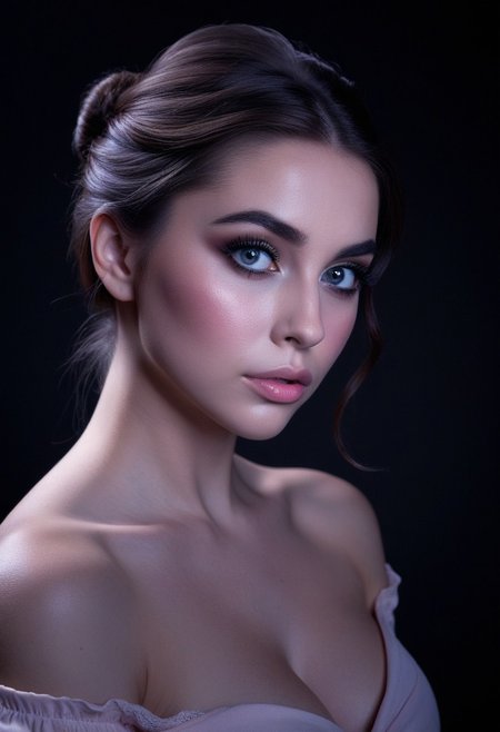 A beautiful young woman with fair, porcelain-like skin and brown hair styled in a soft, elegant low bun with a few loose strands framing her face. She has striking, large grey eyes with long eyelashes, subtle eyeshadow, defined brows, and softly blushed cheeks. Her lips are full with a natural pink gloss. She is wearing a light pastel off-shoulder top, revealing her shoulders and upper chest down to the cleavage. The image is composed from head to cleavage, with dramatic, soft lighting highlighting her features against a dark background. Moody atmosphere, high contrast, hyper-realistic, high detail, studio portrait, front-facing, centered composition