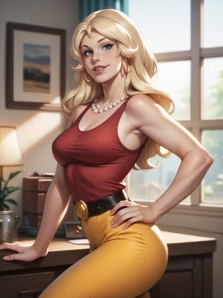 score_9, score_8_up, score_7_up, 1girl, dynamic pose, cowboy shot, light smile, looking at viewer, daylight, sexy pose, sexually suggestive, parted lips, from side, v, one hand on hip, elegant room, window, detailed background,
<lora:AGoldieGold_character:0.8>, GoldieGold, blue eyes, long hair, blonde hair, pearl necklace, hoop earrings, belt, red tank top, yellow pants, cartoon, <lora:Realistic_2.5DAnime_Merge1:0.7> realistic,