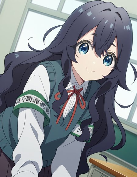 score_9, score_8_up, score_7_up, source_anime,
shizukayoshimoto, <lora:shizuka-yoshimoto-s1-ponyxl-lora-nochekaiser:1>,
shizuka yoshimoto, long hair, bangs, blue eyes, black hair, hair between eyes, wavy hair,
skirt, shirt, ribbon, school uniform, white shirt, pleated skirt, red ribbon, neck ribbon, armband, sweater vest,
indoors, classroom, bent over, smile,
looking at viewer, cowboy shot, dutch angle, solo,