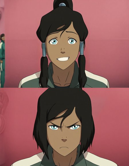 <lora:Year1&Year2SquidGameMeme_illusXLNoobAI_Incrs_v1:1> 2girls, 2koma, comic, scene reference, portrait, <lora:anime_screencap-Illustrious:0.5> anime screencap, anime coloring, very aesthetic, absurdres, zPDXL, <lora:Pony_DetailV2.0:0.5> <lora:illustrious_quality_modifiers_masterpieces_v1:1> pink wall, blurry background
break
2girls, <lora:KorULT:1> korra, 1girl, brown hair, sidelocks, ponytail, looking at viewer, female focus, dual persona, gentle smile, teeth, clenched hands, track jacket, green jacket,
break
2girls, korra, 1girl, brown hair, (short hair:1.2), looking at viewer, female focus, dual persona, (serious:1.2), closed mouth, track jacket, green jacket,
