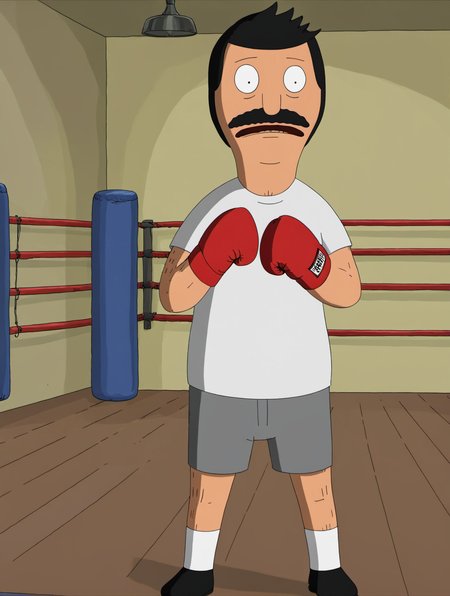(masterpiece,best quality, high quality:1.2),2d,
bob belcher,solo,boxer,boxing gloves,(fighting stance:1.2),boxing ring,
<lora:bob_belcher_sdxl_v1:0.8>