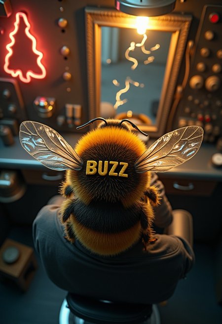 a human-sized bumblebee is getting a haircut from a human barber, the bumblebee is sitting on a chair getting a haircut, ((the bumblebee's head hair is cut so that the word "BUZZ" is visible similar to a stylized design cut into human hair)), POV barber's view from high above looking down at the back of the bumblebee's head, focus on bee's head, barber clippers visible in foreground, in the background is a barbershop: (electric sparks and shocks, lightning bolts, antique electrical equipment, antique knobs and switches, antique circuit boards, antique electrical gear, antique electrical hardware, antique electrical wires and plugs, dark background, ultra high details, neon lighting, electronic machine, antique, retrotech, amazing view, highly detailed, pyrotechnics), realistic, artistic, high depth of field.  more lightning bolts, more hardware, more detail, more everything
