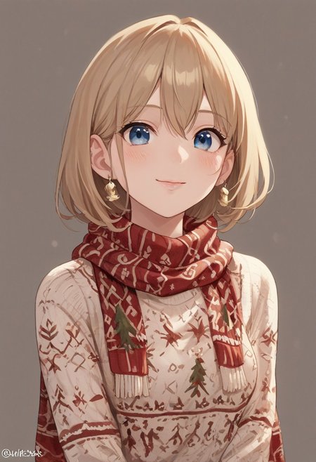score_9, score_8_up, score_7_up, score_6_up, score_5_up, score_4_up, masterpiece, ultra-detailed, high resolution,
christmas_sweater, 1girl, scarf, christmas, sweater, beautiful smile, closed mouth,closed lips