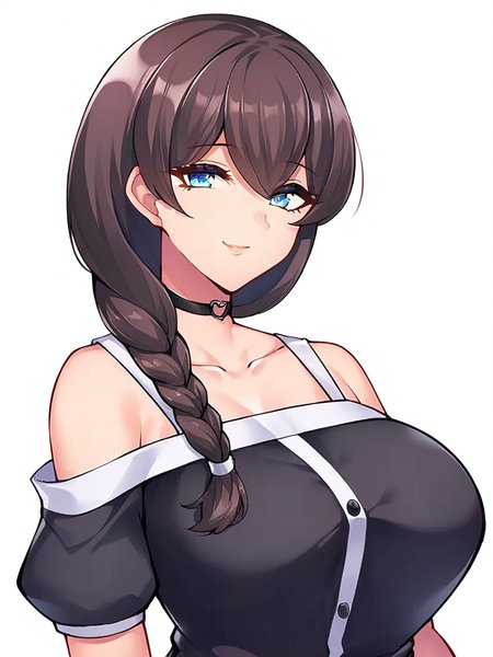 score_9, score_8_up, score_7_up,  
1girl, komiyama noe, brown hair, single braid, blue eyes, large breasts,


white background, upper body, smile, closed mouth, looking at viewer,
black t-shirt, off-shoulder shirt, detached sleeves, short sleeves, heart choker,
