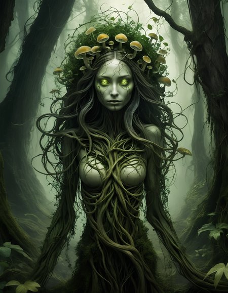 the degradation of human evolution, evil (forest being:0.7), (dryad:0.2), corrupted, leaves, whirling roots and vines forming the rough shape of a (adult woman:0.5), (hair:0.2) made of vines, corrupted grey-green (skin:0.7) made of roots-vines-leaves, poison (orchids:0.4), horror, (root skull:0.4), (amber:0.3), flowing with (forest green:0.3) magic, magical mushrooms, swirling transparent dark green magic, fireflies, root skeleton, (groot:0.2),  close-up, (masterpiece:1.2), (epic composition:1.4), (talent:1.2), ultra detailed, highly detailed, insanely detailed, (p, exquisite, sharp, elegant, ambient lighting,, high quality, <lora:add-detail-xl:2> ,    <lora:takma2:0.8> , glowing evil green eyes, in creepy magical forest,