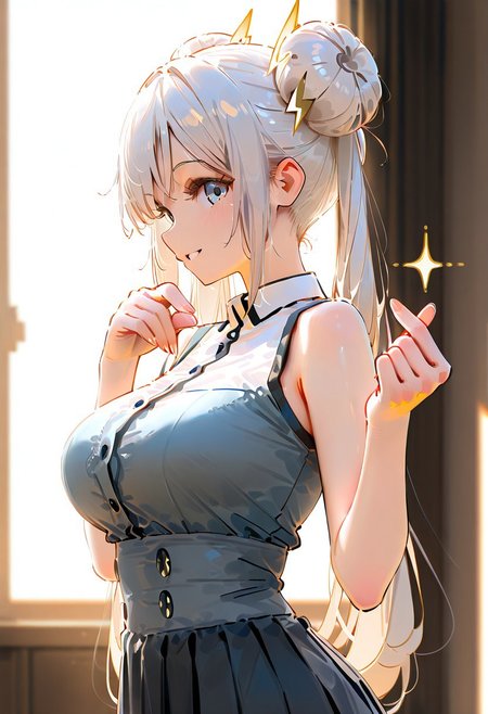 masterpiece, ultra-HD, very aesthetic, 8K, high detail, depth of field, score_9, score_8_up, score_7_up, score_6_up, perfect anatomy, no distorted limbs, accurate anatomy, best quality, (anime:1.2), 
BREAK
(1girl, long white hair, lightning-shaped hair accessory, double bun ponytails, pale blue eyes, medium breasts, wearing sleeveless grey maid top with buttons, black long skirt, no maid decorations, hands making finger heart gesture, gentle smile, confident pose), 
BREAK
(side profile perspective, side view, viewer at chest level, side profile, head looking the viewer, look at viewer), 
BREAK
(pure white background), 
BREAK
(soft lighting:1.1, warm golden glow:1.2, vivid colors, high contrast, emotional atmosphere, healing vibe, detailed background, warm sunset tones), perfecteyes, NEGATIVE_HANDS, ruanyi1229