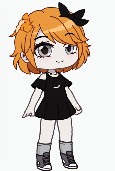score_9, score_8_up, score_7_up, score_6_up, score_5_up, simple,  looking at viewer, smiling, simple, <lora:derpina-10:1> derpina, 1girl, short hair, hair bow, medium hair, orange hair, black dress,, white skin,,  <lora:wyatt:1> wyatt <lora:Gacha_star:1> gacha, chibi, full body,