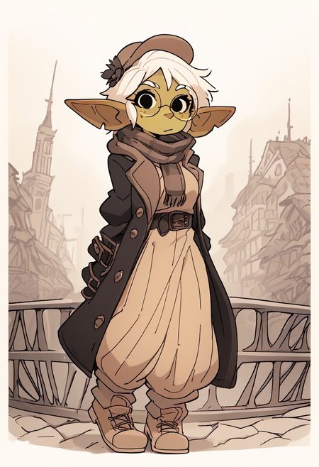 score_9, score_8_up, score_7_up, score_6_up, source_furry, source_anime, (short, diminutive, smol, short stack), (goblin, hyper ears, notched ear, long horizontal elf ears, freckles, green skin, snaggle tooth, female, small breasts), (hat, round glasses, scarf, coat, victorian, tan clothing, dress pants, dress shoes), cute, adorable, slim, thin, bottom heavy, (hair, fluffy hair, short hair, white hair), (aggressive, grinning, dominant), solo, dynamic pose, looking at viewer, outdoors, victorian city, gothic architecture