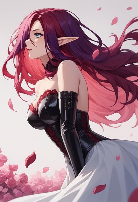 (score_9, score_8_up, score_7_up), 1 woman, milf,  chasca, red hair, purple hair, multicolored hair, rose in the hair, hair over one eye, blue eye, small elf ears,red evening dress with a neckline, red lace corset (leather/latex) , white leather/latex gloves, mole on shoulder, pink sakura background, Pink petals are falling from the tree, <lora:chasca-giPO-v1b-000007:0.9>