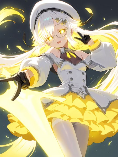 <lora:nai_ILL:0.8>,
<lora:Glowing_Spot_Color_-_Illustrious:0.6>, glowing eyes, streaked hair, glowing inner hair, glowing streaks,
fairy_knight_lancelot_(fate),1girl,solo,long_hair,breasts,looking_at_viewer,smile,open_mouth,bangs,hair_ornament,gloves,long_sleeves,hat,dress,bare_shoulders,twintails,very_long_hair,yellow_eyes,white_hair,pantyhose,small_breasts,glasses,black_gloves,hairclip,off_shoulder,white_dress,v,beret,white_headwear,white_pantyhose,half_gloves
