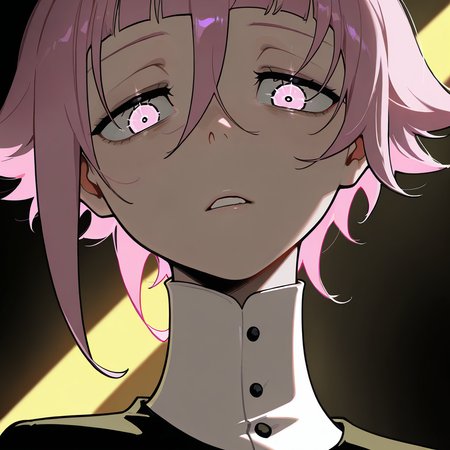 masterpiece, best quality, amazing quality, very aesthetic, absurdres,  newest, volumetric lighting,
souleaterstyle,crona,
1girl,solo,looking at viewer,short hair,bangs,simple background,hair between eyes,pink hair,parted lips,teeth,blunt bangs,portrait,style ,flat color
,masterpiece, best quality, amazing quality, very aesthetic, absurdres,  newest, volumetric lighting,
, <lora:soul_eater_illustrious:0.8>,