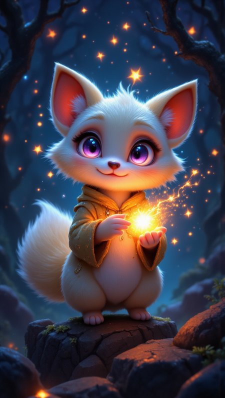 pinkfluxproultrafantasia, CreeepyCuteMagic, aidmaimageupgrader. 
A small, round fox-like creature with fluffy peach-colored fur and a single large ear on top of its head. It has a tiny heart-shaped nose and large, expressive violet eyes that shine with wonder. It holds a glowing firefly in its little paws, surrounded by a softly blurred, magical nighttime forest. Ultra-realistic Pixar-style 3D rendering, cinematic lighting, highly detailed, ultra HD. Avoid additional facial features or extra limbs.