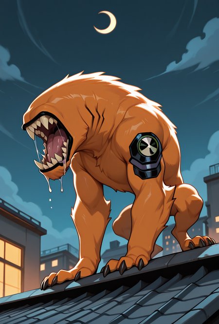 <lora:wildmutt-06:1> wildmutt, solo, no humans, claws, sharp teeth, no eyes, no ears, drooling, standing on rooftop, howling, crescent moon, masterpiece, best quality, amazing quality, very aesthetic, absurdres, newest,