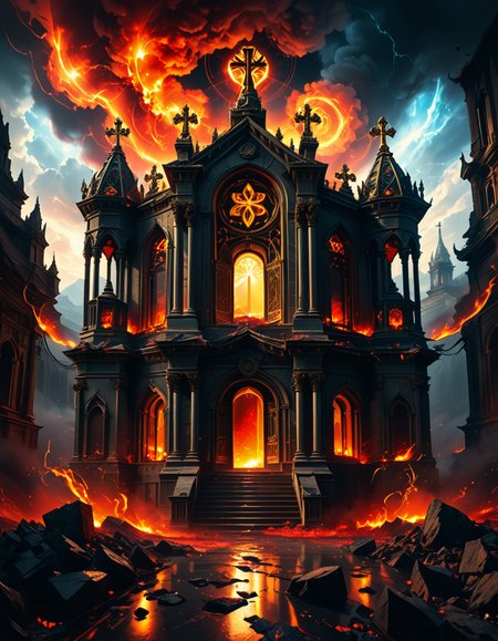 A once-majestic celestial temple, now under siege by the forces of Hell. The grand white stone structure is cracked and scorched, its golden crosses twisted and broken. The stained-glass windows, once glowing with warm divine light, are now shattered, with demonic symbols glowing ominously in their place. The sky, once a serene blue, is now consumed by dark storm clouds, swirling with red lightning and thick smoke.
Black, jagged chains extend from the sky, wrapping around the temple as if trying to pull it down into the abyss. The once-fluffy clouds beneath the structure are now a chaotic mix of fire, ash, and dark mist, with glimpses of molten lava cracks below. Infernal creatures with glowing red eyes lurk in the shadows, their silhouettes barely visible through the smoke and fire.
The temple doors are blown open, revealing an eerie red glow emanating from within, as if Hell itself is consuming the sacred space. Massive demonic runes are etched into the stone, pulsating with an unholy energy. The entire scene is bathed in a deep crimson and orange glow, giving it an apocalyptic and nightmarish atmosphere.
Style & Lighting:
- Dark fantasy, highly detailed
- Dramatic, high-contrast lighting with fiery glows
- Cinematic composition, epic scale
- Strong use of shadows, embers, and atmospheric foghighly detailed and atmospheric view from inside a massive birdcage, large enough for a human to stand inside. The cage is made of ornate, aged metal bars with intricate Victorian-style patterns, curving elegantly towards the domed ceiling. Sunlight filters through the gaps between the bars, casting long, dramatic shadows on the wooden floor. Delicate vines and small flowers have begun to grow around the bars, adding a touch of nature reclaiming the space. The background beyond the cage is blurred, hinting at a lush garden or a mysterious, abandoned mansion. The ambiance is serene yet slightly melancholic, with warm golden light illuminating dust particles floating in the air. Soft feathers are scattered on the floor, adding to the sense of quiet abandonment. The perspective makes the viewer feel as if they are inside the cage, looking outward, surrounded by both beauty and confinement. The style is highly detailed and realistic, with a cinematic and slightly surreal atmosphere.
<lora:SDXLFaeTastic2400:0.4> <lora:extremely_detailed:0.4> extremely detailed,evil celestial t3mpl3, <lora:evil_celestial_t3mpl3-p:1>, Masterpiece,best quality,hi res,8k,hi res,8k,award winning,(sharp focus, intricate, highly detailed),