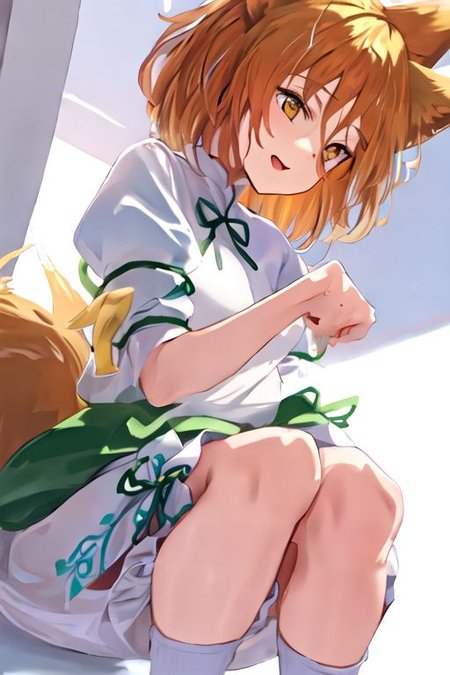 solo_focus, 1girl, ((white background, simple background)):2, (((masterpiece))), ((best quality)), ((ultra-detailed)), high resolution, absurdres, highres, ultra-detailed 8k unity wallpaper, 
Kudamaki Tsukasa, fox ears, fox tail, hair between eyes, white romper, green ribbon, white socks,