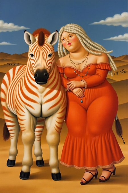 fernandobotero1 painting.
a striking juxtaposition of a woman and a zebra against a vast, arid landscape under a bright, sunny sky. The woman, with long, flowing dreadlocks dyed in a gradient from white to a vibrant orange, is dressed in an off-shoulder, long-sleeved, orange dress made of a textured fabric that appears to be a blend of cotton and silk. The dress has a ruffled hem and intricate embroidery along the neckline and sleeves. She is leaning affectionately against the zebra, which has striking white and orange stripes, creating a harmonious blend of colors. The zebra's mane is also dyed orange, matching the woman's hair. The woman's skin tone is light, and her eyes are accentuated with subtle makeup, giving her a natural yet striking appearance. The background consists of a vast, sunlit landscape with dry, sandy terrain and sparse vegetation, indicating a desert environment. The sky is mostly clear with a few scattered clouds, suggesting a bright, clear day.
 <lora:fernandobotero1_cap_d6a3e7:1.0><lora:840282610551770721:0>