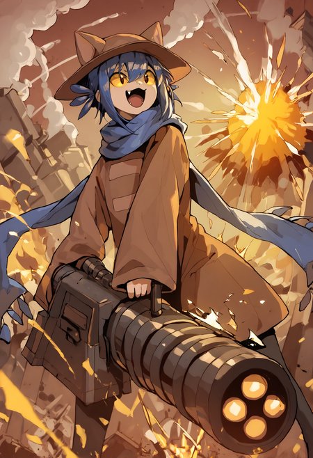 score_9, score_8_up, score_7_up,
solo, cniko,blue hair,short hair,hair between eyes,whiskers,  <lora:niko:1>, happy face, laughs, open mouth,
cat hat,yellow sclera,brown eyes,slit pupils,blue scarf,brown dress,long sleeves,sleeves past fingers,sleeves past wrists,black legwear,
holding ranged weapon, gatling gun, firing, casing ejection,destruction, embers, explosion,smoke, motion blur, emphasis lines, <lora:firearm_enhancement:0.9>,
<lora:Expressive_H:0.3>,<lora:Gogalking_-_style:0.8>, gogalking, <lora:Infukun_v1:0.4>, <lora:Sinozick_Style_XL_Pony:0.4> ,