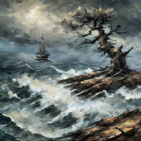 artmix04 landscape, old crooked tree on a rock, rough sea in the background, storm clouds and sailboats on the waves, dramatic, dark and expressive, very detailed<lora:artmix04:1>