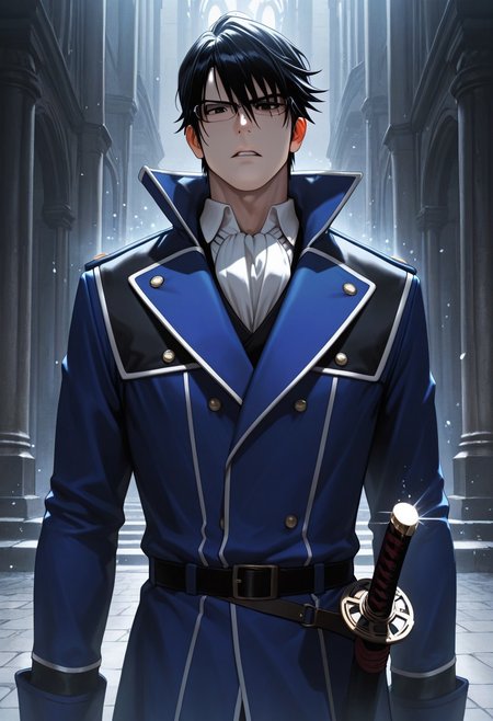 masterpiece, best quality, amazing quality, absurdres, newest, detailed background, definition so sharp, Ultra-HD, 8K cinematic, very awa, impressionate, amazing quality, highres, 
solo, male focus, manly, mature male, bara, cool coloring, aesthetic,
reishimunakata, reishi_black hair, reishi_black eyes, 1boy, short hair, glasses, blue coat, white collared shirt, ascot,
parted lips, serious face, charming, sparkle, looking at viewer, focus on sword, sword on front face, standing,