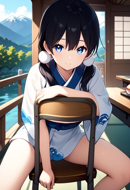 score_9, score_8_up, score_7_up, source_anime, ultra detailed, 
Generate a picture of a girl stradding chair. She is leaning forward with her chest and abdomen resting on the backrest of the chair. Her arms on backrest, looking at viewer with light smile. (chair), front view,
The girl is wearing a (mountain print kimono) with white upper and light blue lower, bare legs and barefoot. 
The girl in the courtyard of a Japanese-style dojo, there is a small pond with low cherry trees along its edge.
(kitashirakawa_tamako), The girl has yellowish skin, long black hair made into twin low ponytails, hair between eyes, she has blue eyes, she is tender and slender, small breasts,
, ,<lora:kitashirakawa_tamako_pony:1>,<lora:Stradding_Chair_Pony:1>