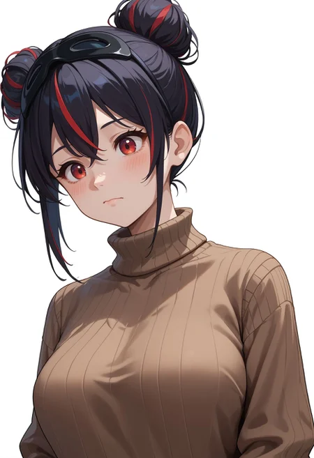 score_9,score_8_up,score_7_up, <lora:quency_escape_queen_nikke_pdxl_goofy:1>source_anime, quencyEq, red eyes,black hair,1girl, blush, breasts, brown sweater, casual, closed mouth, multicolored hair, sideways glance, solo, split mouth, streaked hair, sweater, turtleneck, turtleneck sweater, upper body,white background,