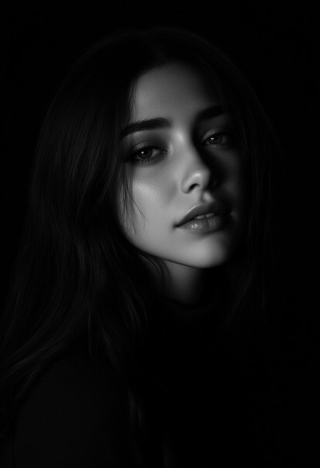 A tight head-and-shoulder portrait of a woman sitting in near-total darkness, eyes full of emotion and illuminated only by the last dying light of blue hour, casting an eerie, sorrowful glow across her cheek. The entire image is black and white, except for her eyes—a striking, faded blue, mirroring the color of the sky moments before night takes over. Her hair falls messily over her face, some strands catching the weak light, creating soft, fragmented shapes against her skin. Her lips are slightly parted, as if she were about to speak but lost the words. The background is pure shadow, making it impossible to tell whether she is inside or outside, as if she exists in neither.