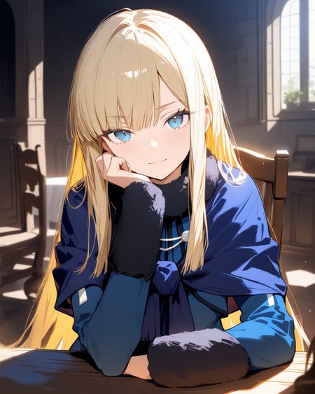 1girl,
ReinesElMelloiArchisorteFateGrandOrder,
sensitive, solo, upper body,
long hair, blonde hair, blue eyes,
looking at viewer,
light smile,
hand on own cheek, table,
fur collar, blue capelet,
blue jacket,
long sleeves, fur-trimmed sleeves,
blue dress, 
sitting, chair,
medieval, room, moodie light,
depth of field,
<lora:kp_ReinesElMelloiArchisorteFateGrandAnimagineXL_v1_0:1.0>,
masterpiece, high score, great score, absurdres