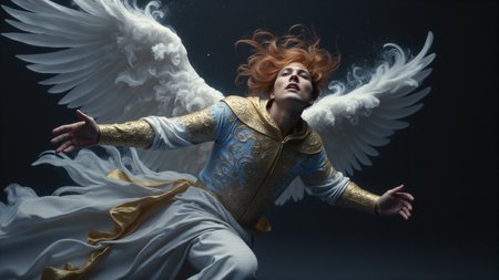 wide-angle side view, Greek, fire theme, black-toned Social Realism photo of a heavenly mature futuristic clothed winged shouting air elemental dancing in a dark apocalyptic castle, intricate white and azure and bronze ebru, magical, frozen, billowing dark dust, very detailed <lora:aura_v2_beta2:0.6> <lora:BioInk2FLUX:0.5> <lora:Hand v2:1>