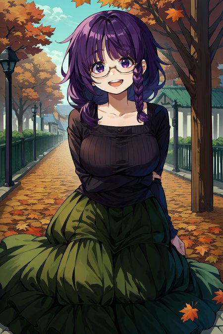 score_9, score_8_up, score_7_up, score_6_up, source_anime, 1girl, solo <lora:mayumatsukaze-pdxl-nvwls-v1-000005:1> nkmm, purple hair, black hair, braid, hair over shoulder, purple eyes, large breasts, black sweater, autumn, long skirt, green skirt, happy, glasses, looking at you