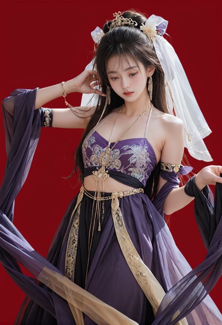 red background,1girl,solo,hair ornament,,ruanyi0757,detached sleeves,jewelry,purple dress,see-through,shawl,veil,<lora:0757 Exotic Priestess_v1_pony:1>, score_9,score_8_up,score_7_up,,8k,1girl,solo,