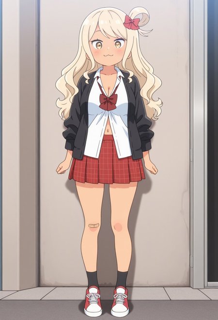 Masterpiece , best quality , amazing quality   , a girl , tamanahariku , skirt, long sleeves, hair ornament,bow, navel, cleavage, medium breasts, hair bow, pleated skirt, open clothes, shoes, socks, bowtie, tan , open jacket, black jacket, swept bangs, red skirt, one side up, plaid skirt,, black socks,  sneakers,  bandaid on knee,  :3,