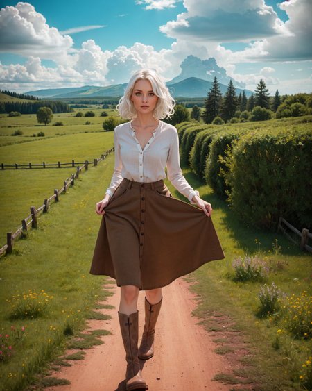 (Aerial view:1.4), (Sn0frid_v1, white hair:1.3),  medium bosom, (style of Dorothea Lange) rugged frontier homestead woman, 1800s Montana, linen blouse, long skirt, apron, practical sturdy boots, earthy tones, natural fibers, rustic charm, sepia-toned aesthetic, arid golden prairie, wooden cabin, wildflowers, cracked soil, farm tools, weathered textures, sun-dappled lighting, determined expression, confident pose, wind-tousled hair, (dramatic clouds:1.2), vast open landscape, vintage authenticity, pioneering spirit ,