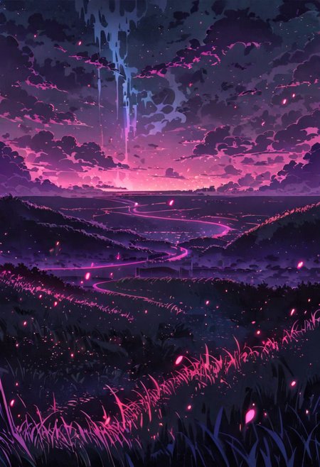 Very wide angle shot, big landscape, serene night, beautiful sky, Complex landscape, grassland, ocean, swirling mists and ghostly apparitions. Glowing will-o'-the-wisps Color temperature: Moody and deep . Lighting: Flickering torches casting long shadows. Atmosphere: goth horror. --v 5 --stylize 1000