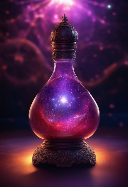 Score_9, Score_8, high_def, highest quality, 4k, best quality, masterpiece, focused, defined, Photorealistic magic potion, intricate glass bottle, elixir, vibrant violet and red colors, ethereal light, wax seal, flashy lights, magic lights, luminous, dynamic reflections, magical aura, highly detailed, fantasy essence, glowing particles, radiant aura