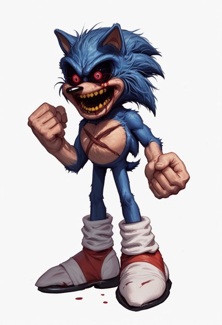 score_9, score_8_up, score_7_up, score_6_up, simple background, white background, cowboy shot, full body, view from front, masterpiece, high quality, solo focus, LordX, blue fur, horror,  white socks, spiked hair, clenched teeth, clenched hand, furry, colored sclera, furry male, body fur, animal nose, two-tone fur, blue fur, multicolored fur, sonic the hedgehog, scary eyes, X in chest, saturated fur, bloody tears, red glowing eyes, open mouth, yellow teeth