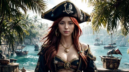 (young redhead pirate woman), (portrait), sharp focus, (ultradetailed), (standing), (happy) smile, pirate (ship galleon:1.2,  hoop earrings, gold medallion, Cortana Bluepirate clothes, pirate hat, hips, (pirate parrot:1.2),  pirate (village), leafy beach coast, (treasure chest with coins, gems and jewels:1.2), rum barrel, best quality masterpiece,  bright sunny sky, backlight, natural lights, high contrast, hdr, shadows, pretty, beautiful, feminine, sexy, adorable, lovely, in love, (PirateDiffusionprt:0.5),  <lora:Pirate:0.3>  PrateT  <lora:PirateRealms:0.3> <lora:Detail Tweaker LoRA add_detail:0.8> <lora:depth_of_field_slider_v1:5> <lora:SDXLrender_v2.0:0.9>