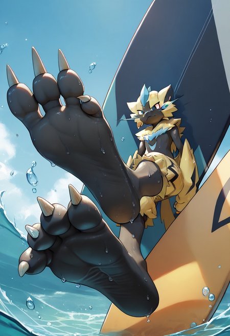 <lora:SlimesZeraora:1>, score_9, score_8_up, score_7_up, slimes_zeraora, solo, dark feet, 3 toes, foot focus, feet style, foot style, water, surfing, feet on surfboard, wet on feet, close-up